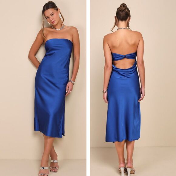 Lulus Dresses & Skirts - Lulus Effortless Bliss Royal Blue Satin Strapless Cowl Back Midi Dress Small NWT